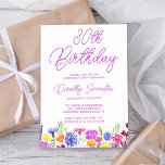Pretty Purple Wildflower Adult 30th Birthday Invitation<br><div class="desc">A pretty wildflower border decorates the bottom of this adult 30th birthday invitation. Purple, blue, yellow and orange flowers create a colourful and happy design to celebrate this milestone birthday. Modern and simple purple calligraphy adds a trendy touch to keep it fresh. The open and carefree lettering flow coordinates perfectly...</div>