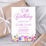 Pretty Purple Wildflower Adult 40th Birthday Invitation<br><div class="desc">A pretty wildflower border decorates the bottom of this adult 40th birthday invitation. Purple, blue, yellow and orange flowers create a colourful and happy design to celebrate this milestone birthday. Modern and simple purple calligraphy adds a trendy touch to keep it fresh. The open and carefree lettering flow coordinates perfectly...</div>