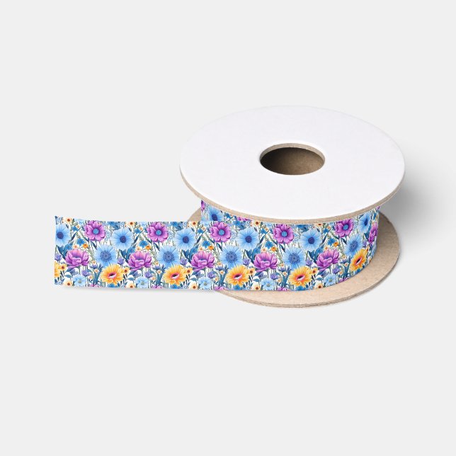 Pretty Purple, Yellow and Blue Retro Floral  Satin Ribbon (Spool)