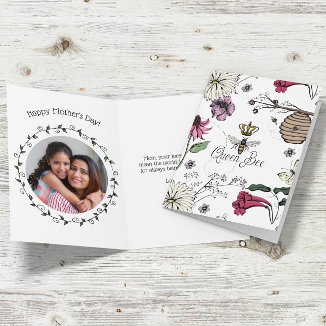 Pretty Queen Bee Mothers Day Floral Holiday Card (Editable texts inside & back. Front: Queen Bee, flowers, beehive, honeybees.
Back: "Mommy, You Rule")