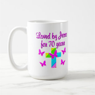 PRETTY RAINBOW AND CROSS 70TH BIRTHDAY DESIGN COFFEE MUG