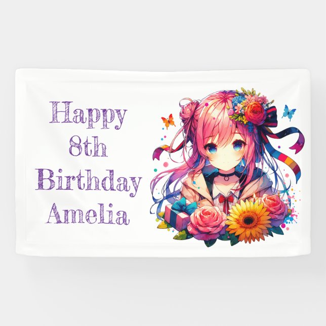 Pretty Rainbow Anime Girl Personalized Birthday  Banner (Horizontal)