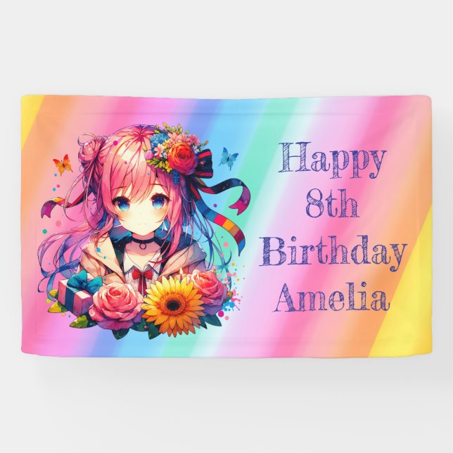 Pretty Rainbow Anime Girl Personalized Birthday  Banner (Horizontal)