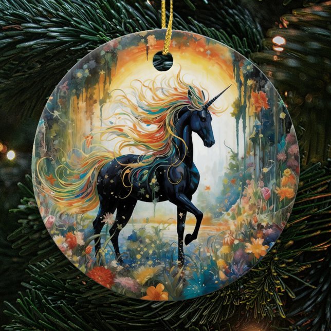 Pretty Rainbow Black Unicorn Ceramic Ornament (Creator Uploaded)