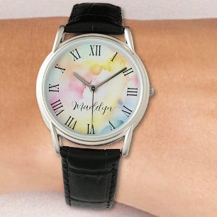 Pretty Rainbow Pastel Watercolor Abstract Custom Watch