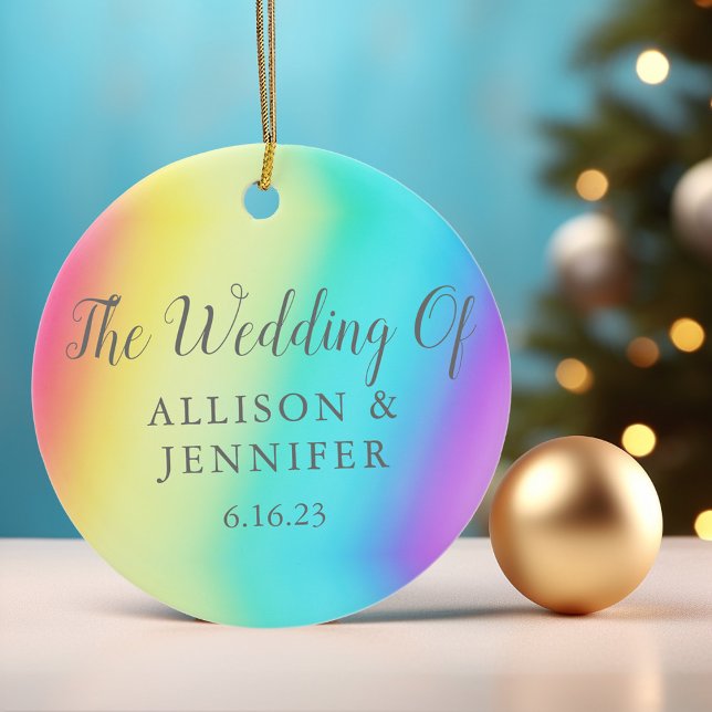 Pretty Rainbow Personalized LGBTQ Wedding Ceramic Ornament (Creator Uploaded)