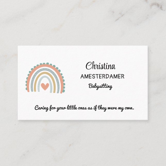 Pretty Rainbow Pink Blue Boho Babysitter Square Business Card (Front)