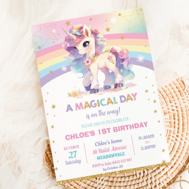 Pretty Rainbow Unicorn Birthday Party Girl Invitation (Creator Uploaded)