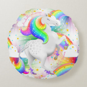Pretty Rainbow Unicorn with Personalisation Round Pillow