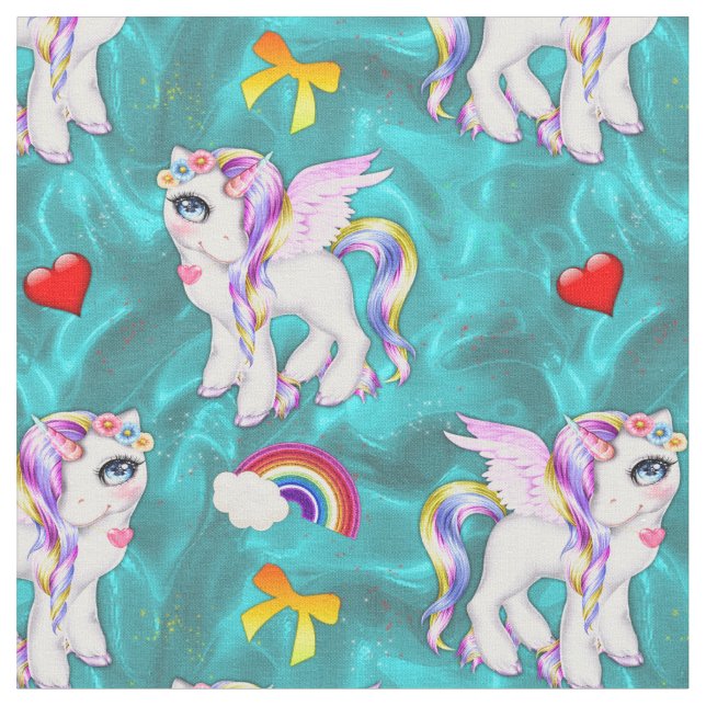Pretty Rainbow Unicorns on Aqua Fabric (Close Up)