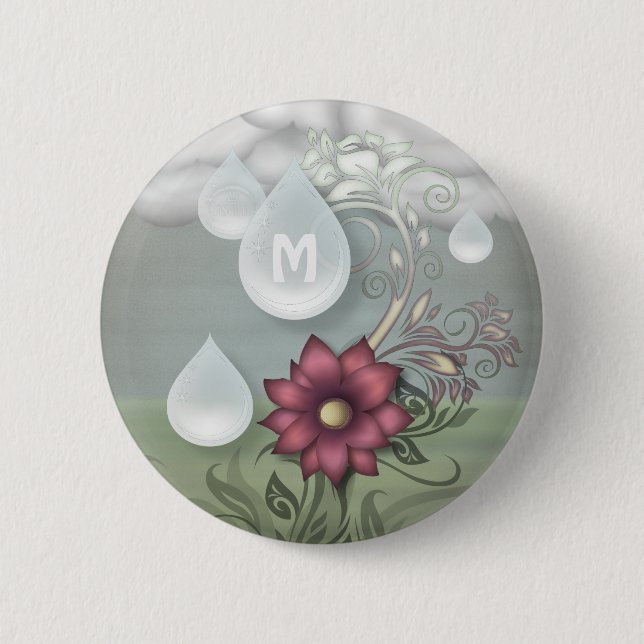 Pretty Raindrops Personalized Monogram 2 Inch Round Button (Front)