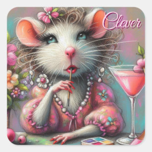Pretty Rat Lady Having a Martini Contemplating Square Sticker