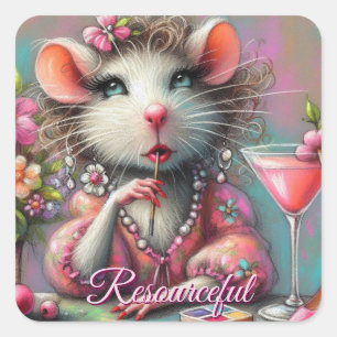 Pretty Rat Lady Having a Martini Contemplating Square Sticker