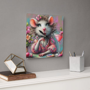 Pretty Rat Lady Having a Martini Contemplating Square Wall Clock