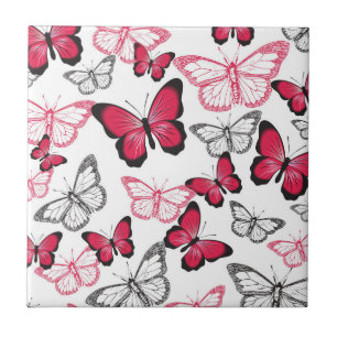 Pretty Red and Black Butterfly Art Pattern Tile