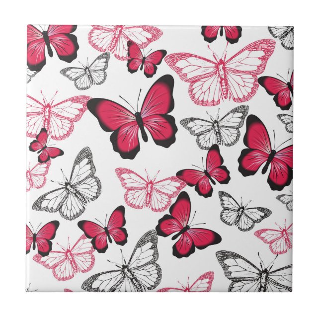 Pretty Red and Black Butterfly Art Pattern Tile (Front)