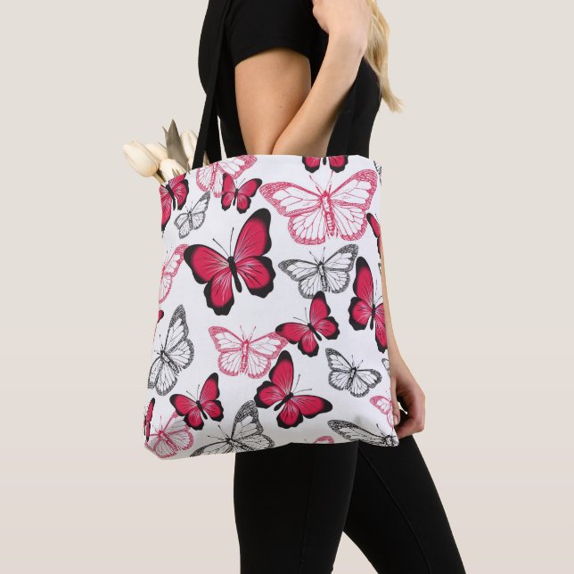 Pretty Red and Black Butterfly Art Pattern Tote Bag (Close Up)