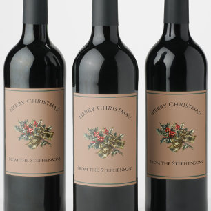 Pretty Red and Green Christmas Holly Custom Name Wine Label