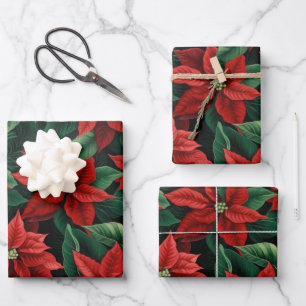 Pretty Red and Green Poinsettias Digital Art Wrapping Paper Sheet
