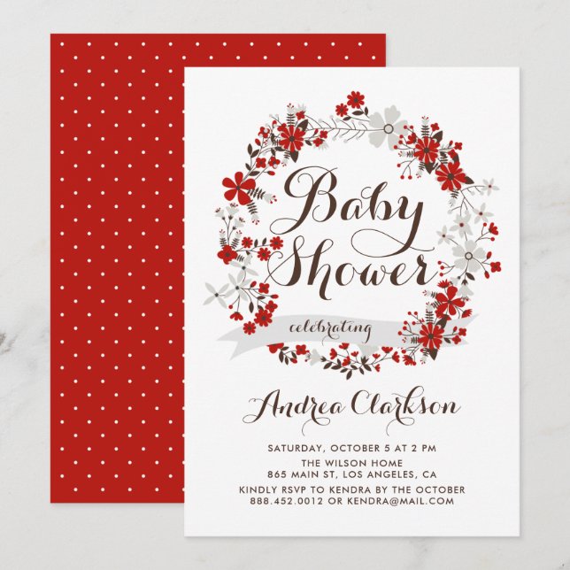 Pretty Red and Grey Floral Wreath Baby Shower Invitation (Front/Back)
