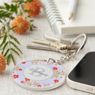 Pretty Red and White Floral Pattern Personalised Keychain