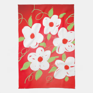 Pretty Red and White Print Tea Towel