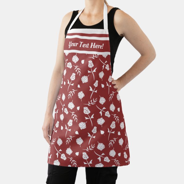 Pretty Red and White Roses Rosebuds Floral Pattern Apron (Insitu)