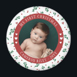Pretty Red Berry Pattern Baby's First Christmas Magnet<br><div class="desc">Pretty baby's first Christmas photo magnet with a round photo of your baby with curved text and a pretty red berry and greenery pattern and cute hearts. Give your fridge a festive touch with this baby's first Christmas magnet personalized with name and photo of your bundle of joy!</div>