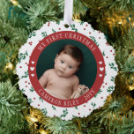 Pretty Red Berry Pattern Baby's First Christmas Ornament Card<br><div class="desc">Pretty baby's first Christmas photo ornament with a round photo of your baby with curved text and a pretty red berry and greenery pattern and cute hearts.</div>