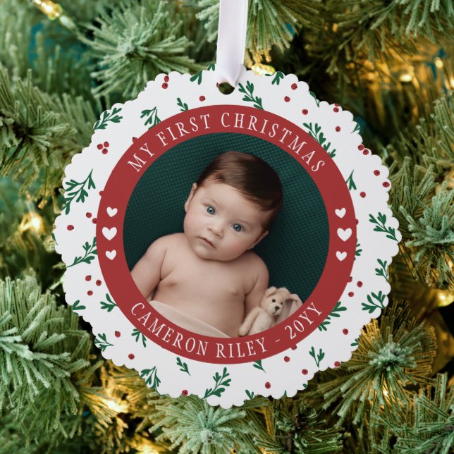 Pretty Red Berry Pattern Baby's First Christmas Ornament Card (Insitu (Tree))