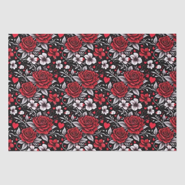 Pretty, Red, Black and White Roses, Hearts  Tissue Paper (Front)