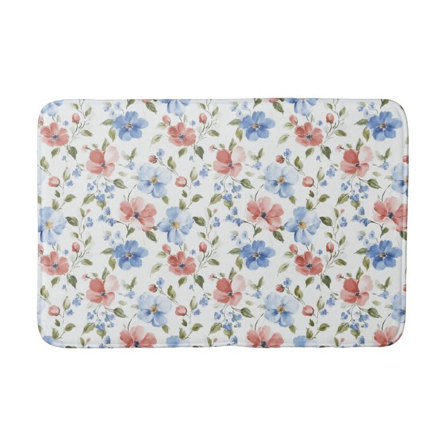 Pretty Red Blue Flowers Bath Mat (Front)
