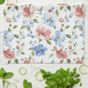 Pretty Red Blue Flowers Birthday Kitchen Towel