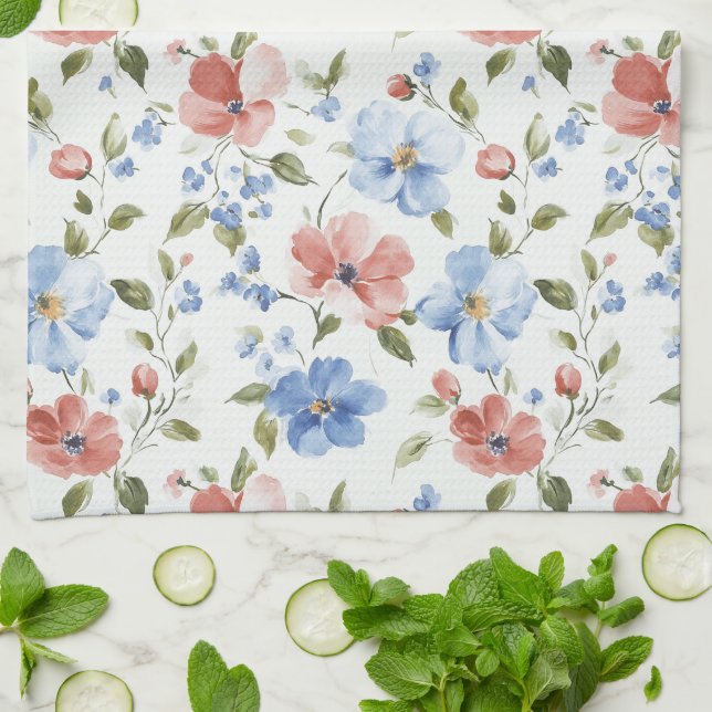 Pretty Red Blue Flowers Birthday Kitchen Towel (Folded)