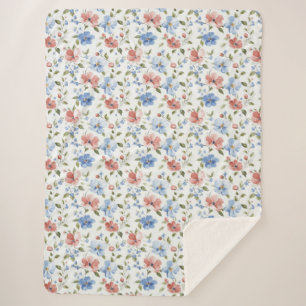 Pretty Red Blue Flowers Birthday Sherpa Blanket