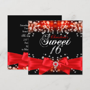 Pretty Red Bow & Sparkle Sweet Sixteen Invitation