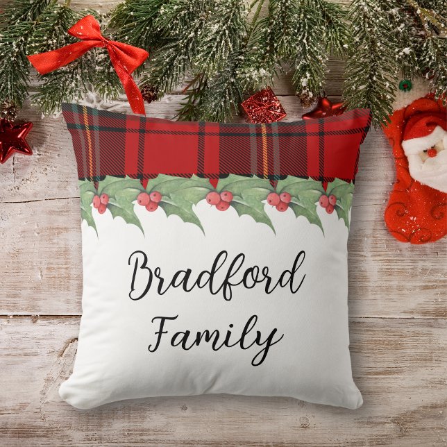 Pretty Red Buffalo Plaid Holly Family Christmas Throw Pillow (Creator Uploaded)