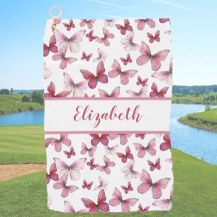 Pretty red butterfly with custom name ladies  golf towel