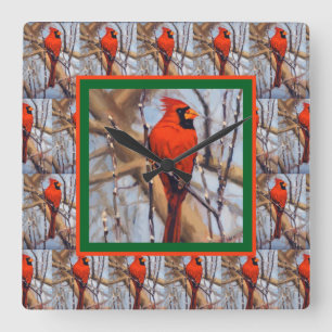 Pretty Red Cardinal Bird in Winter Square Wall Clock