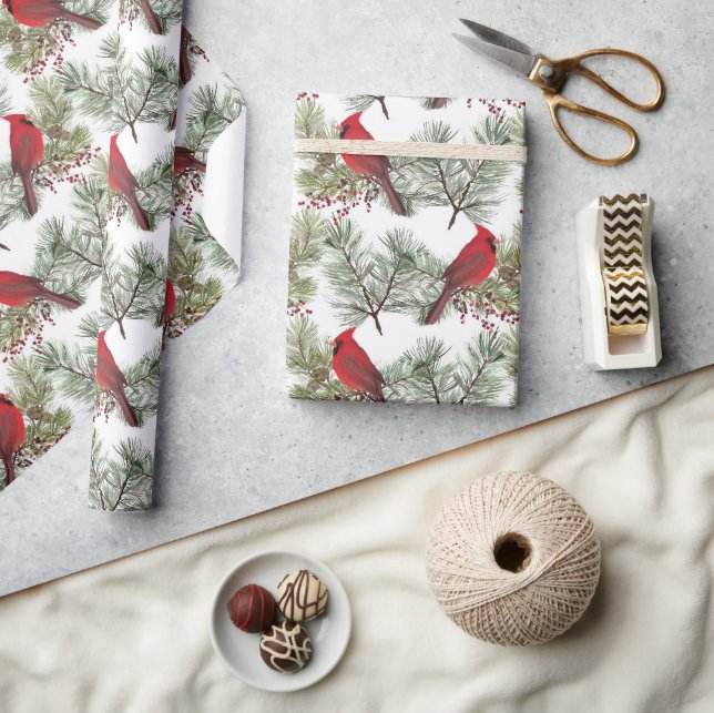 Pretty Red Cardinals Berry Pine Branches Christmas Wrapping Paper (Crafts)