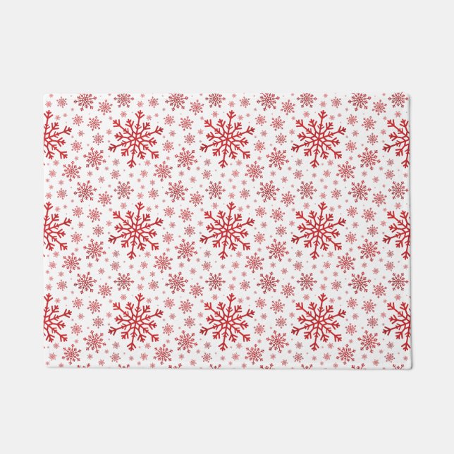 Pretty Red Christmas Snowflakes on Winter White Doormat (Front)
