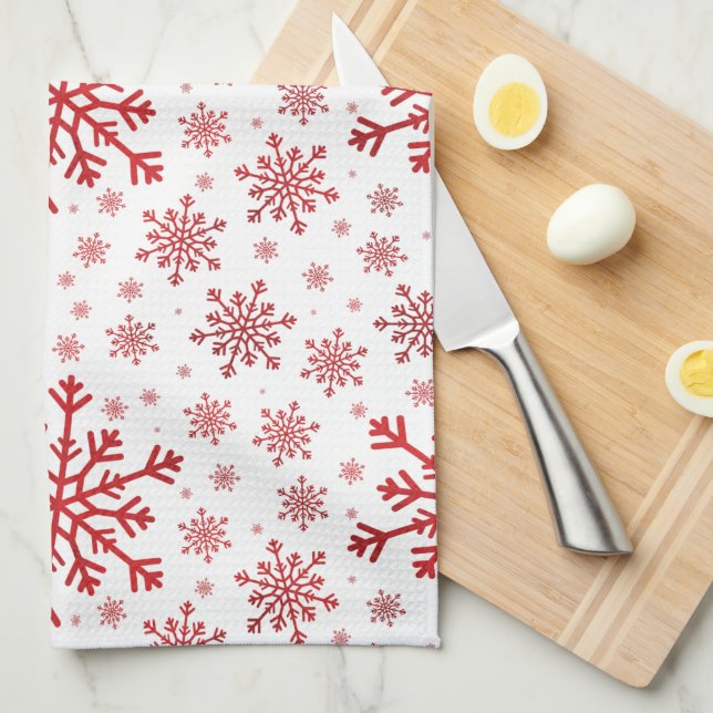 Pretty Red Christmas Snowflakes on Winter White Kitchen Towel (Quarter Fold)