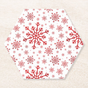 Pretty Red Christmas Snowflakes on Winter White Paper Coaster