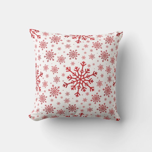 Pretty Red Christmas Snowflakes on Winter White Throw Pillow (Front)