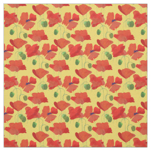 Pretty Red Field Poppies on Golden Yellow Fabric