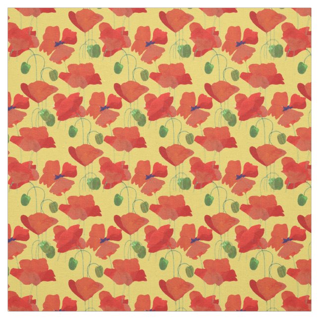 Pretty Red Field Poppies on Golden Yellow Fabric (Swatch)