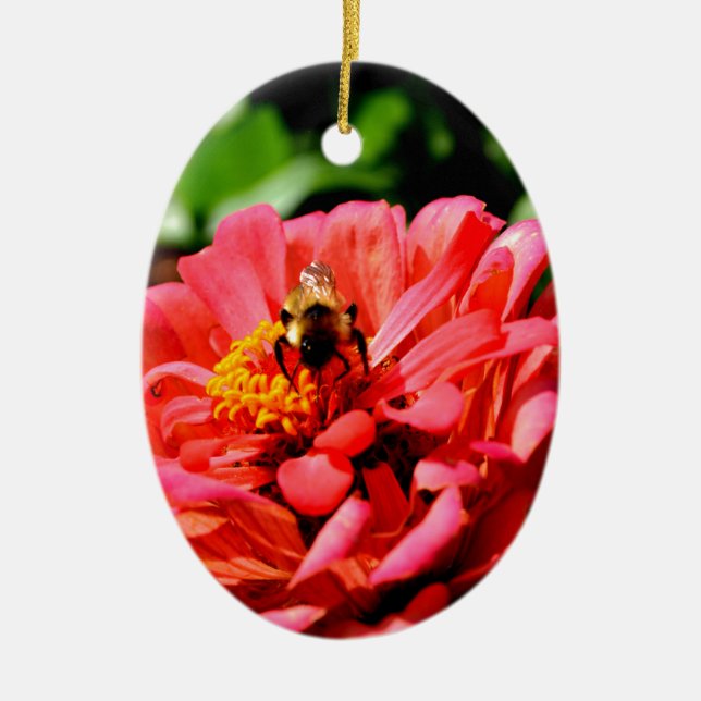 Pretty red floral and honeybee ceramic ornament (Front)