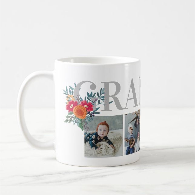 Pretty Red Floral Grandma Photo Collage Coffee Mug (Left)