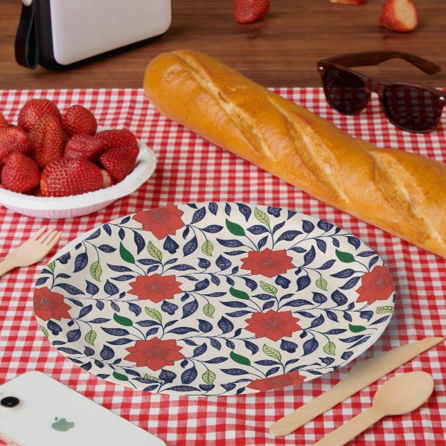 Pretty red floral pattern paper plate (Picnic)