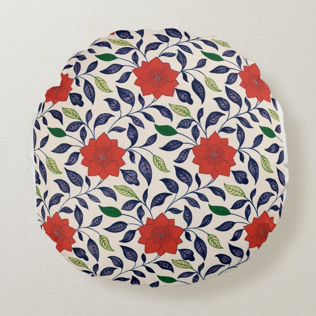 Pretty red floral pattern round pillow (Front)